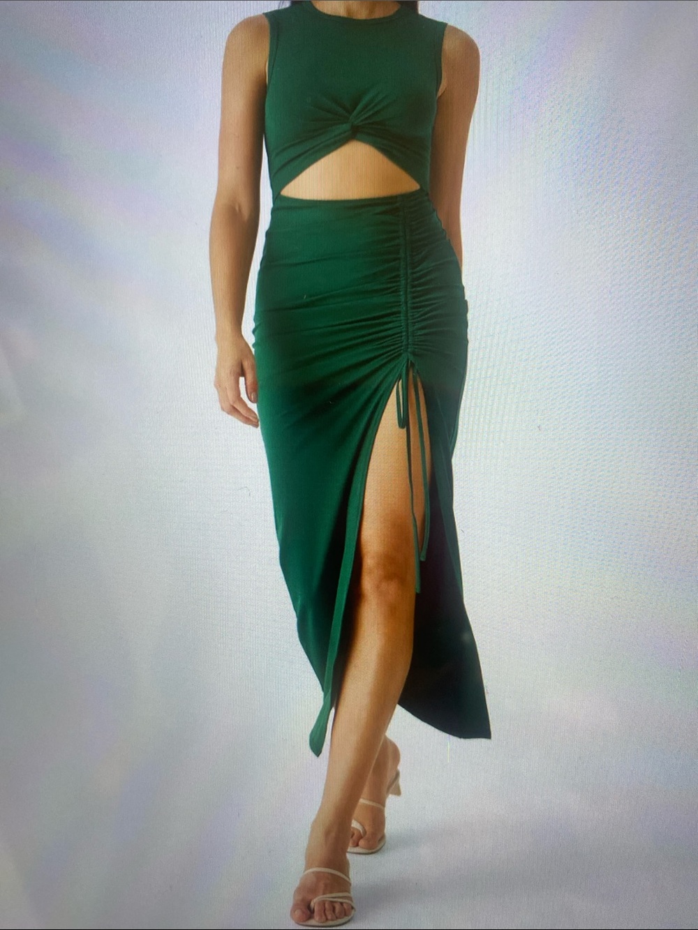 MEDIUM. HALARA ROUND NECK CUT OUT RUCHED DRAWSTRING SPLIT HEM BODYCON MAXI DRESS